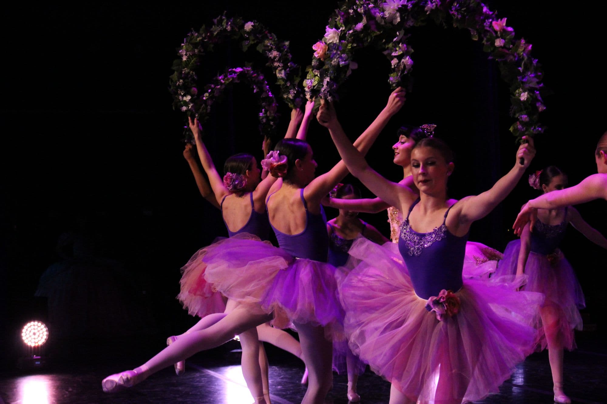 Ballet dancers in purple tutus raising flower garlands overhead