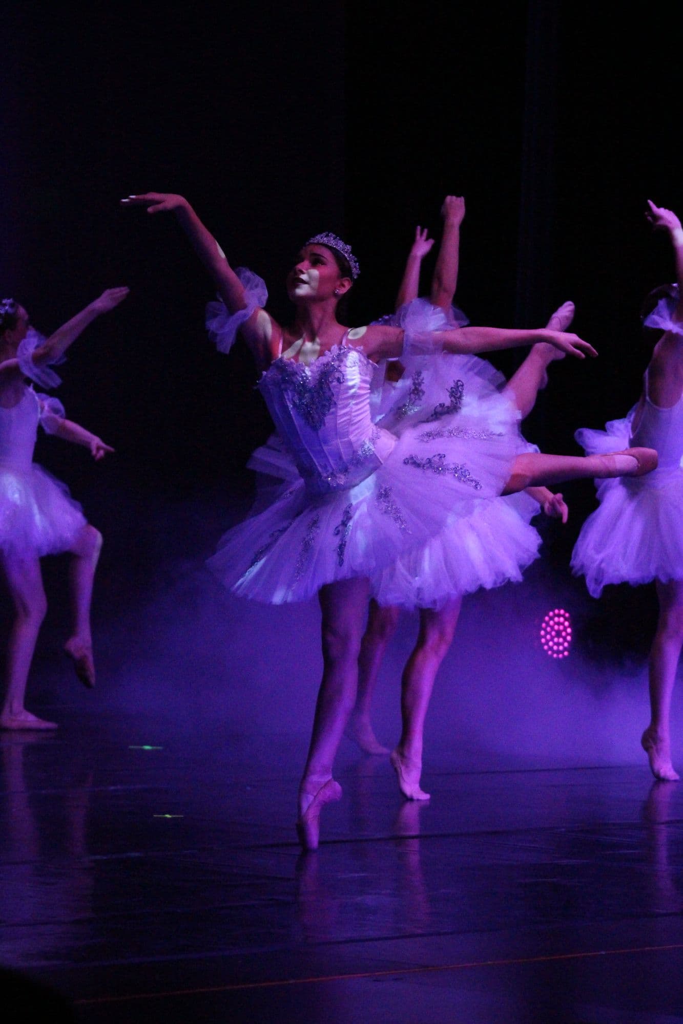 Ballerinas in white tutus mid-leap during a corps de ballet piece